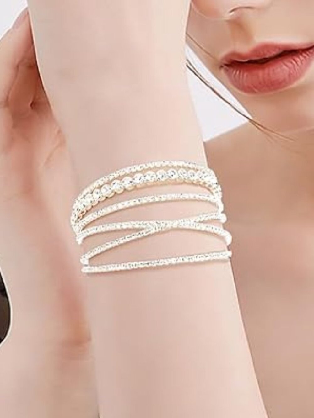 Suyi Silver Rhinestone Multilayer Cuff Bracelet